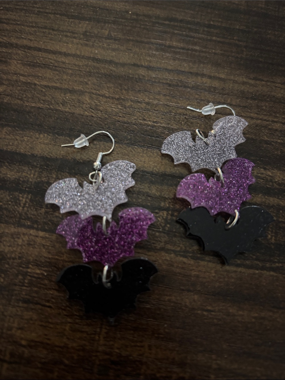 Triple Bat Dangle Earrings in Purple, Lavender, and Black